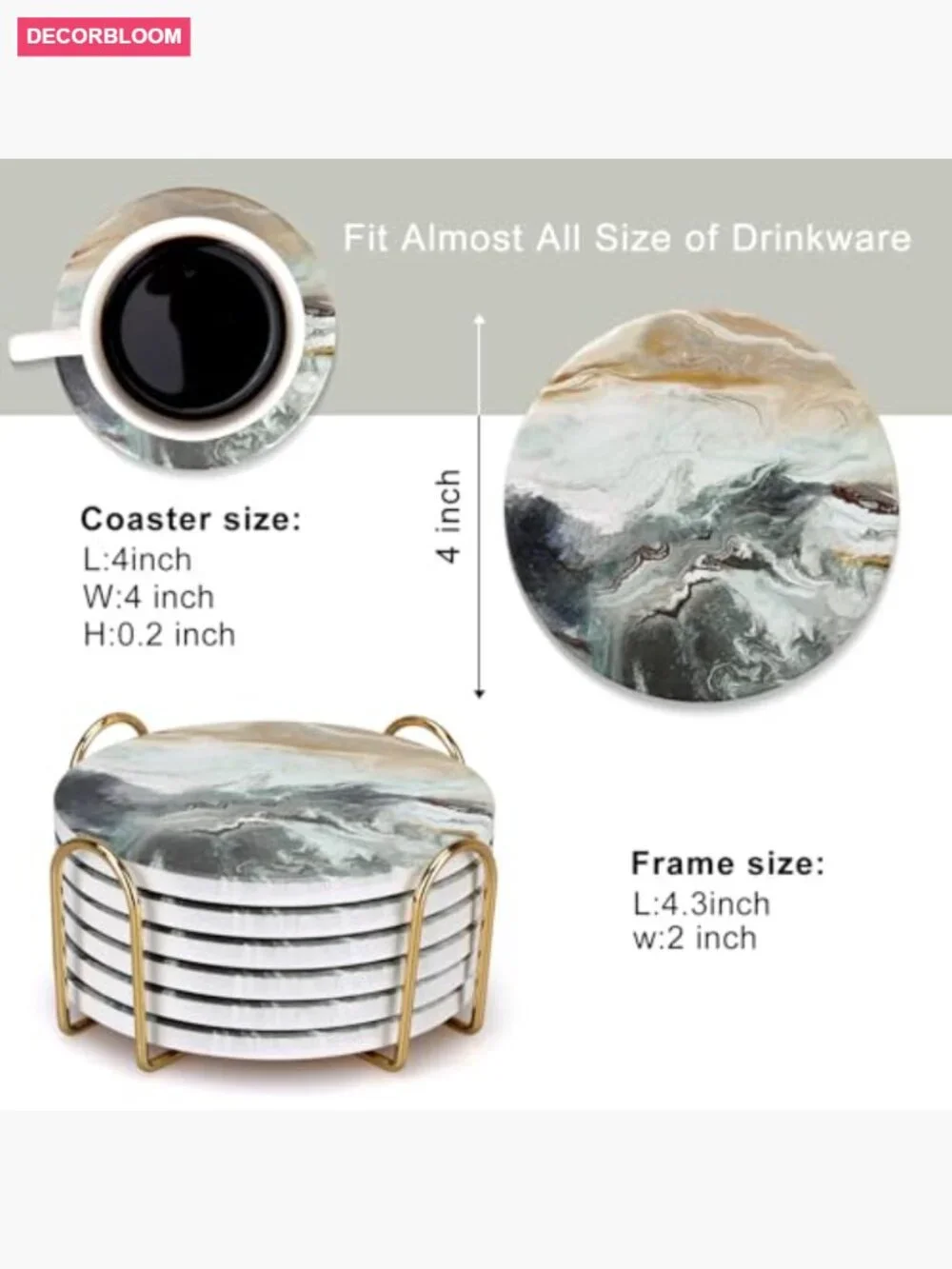Set of 6 Absorbent Ceramic Coasters with Metal Holder for Drinks